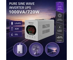 Qoltec Maitinimo šaltinis awaryjny UPS Pure Sine Wave | 1000VA/720W | Przetwornica 12/230V su AVR | LCD | LiFePO4 AGM GEL