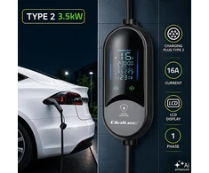 Qoltec Mobilna kroviklis automobiliui elektrycznego EV i hybryd su regulacją 2w1 Typ2 | 3.5kW | 230V | SCHUKO 16A | LED | 5m