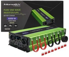 QOLTEC 51945 grynos sinusinės bangos keitiklis, monolitas / akumuliatoriaus įkroviklis / UPS / 6000 W / 3000 W / 12 V iki 230 V / LCD