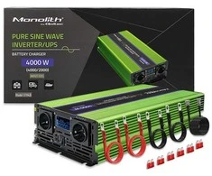 QOLTEC 51943 grynos sinusinės bangos keitiklis, monolitas / akumuliatoriaus įkroviklis / UPS / 4000 W / 2000 W / 12 V iki 230 V / LCD
