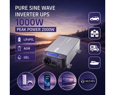 Qoltec Przetwornica napięcia Pure Sine Wave | 12V na 230V | 1000/2000W | UPS BYPASS | LCD | USB | USB-C | Kompatybilna su LiFePO4 GEL AGM