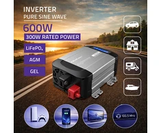 Qoltec Przetwornica napięcia Pure Sine Wave | 12V na 230V | 300/600W | LCD | USB | USB-C | Kompatybilna su LiFePO4 GEL AGM