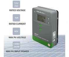 Qoltec Solarny regulator ładowania MPPT su czujnikiem temperatury 10A |12V / 24V | LCD | 2 x USB | GEL | LiFePO4