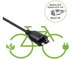 Qoltec 52613 Elektrinio dviračio įkroviklis 36 V | 42 V | 2 A | Bosch 3 kontaktų kištukas + maitinimo laidas