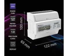 „Qoltec“ 3 fazių dvikryptis elektroninis skaitiklis | Energijos skaitiklis, montuojamas ant DIN bėgelio | 400 V | 100 A | LCD | 4P