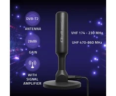 Qoltec Wewnętrzna Antena TV DVB-T2 ze wzmacniaczem sygnału i magnetyczną podstawą | 4K | 28dBi | 5m