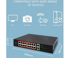 Šakotuvas Qoltec Przełącznik sieciowy SWITCH Gigabit Ethernet PoE | 16x RJ45 | 2x RJ45 Uplink | 2x SFP | 1000Mb/s