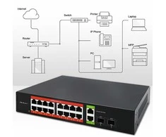 Šakotuvas Qoltec 52292 Gigabito Ethernet PoE komutatorius | 16x RJ45 | 2x RJ45 Uplink | 2x SFP | 1000 Mb/s