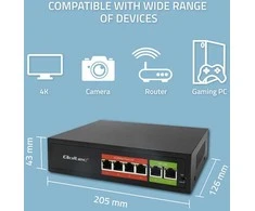 Šakotuvas Qoltec Przełącznik sieciowy SWITCH FAST Ethernet PoE | 4x RJ45 | 2x RJ45 Uplink | 65W | 10/100Mb/s