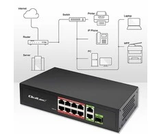 Šakotuvas Qoltec 52297 GREITO Ethernet PoE KOMUTATORIUS 8x RJ45 PoE 2x RJ45 Uplink 1x SFP | 120W | 1000 Mb