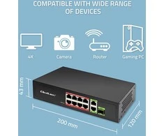 Šakotuvas „Qoltec SWITCH FAST Ethernet PoE“ tinklo komutatorius, 8x RJ45, PoE, 2x RJ45, Uplink, 1x SFP | 120 W | 1000 MB