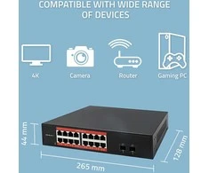 Šakotuvas Qoltec Przełącznik sieciowy SWITCH Gigabit Ethernet | 16x RJ45 | 2x SFP | 1000 Mb/s