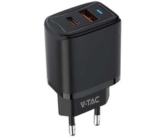 Įkroviklis USB V-TAC szybka 20W juoda mini dual USB type-A type-C VT-3530
