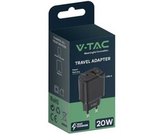 Įkroviklis USB V-TAC szybka 20W juoda mini dual USB type-A type-C VT-3530