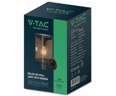 Sieninis šviestuvas V-tac 2,5W LED sieninis lauko šviestuvas su saulės baterija ir judesio davikliu, juodas, 3000K, IP54