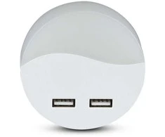 Sieninis šviestuvas 0.5W naktinis šviestuvas V-TAC, 3000K (šiltai balta) su 2xUSB lizdais, apvalus, SAMSUNG LED chip