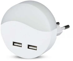 Sieninis šviestuvas 0.5W naktinis šviestuvas V-TAC, 3000K (šiltai balta) su 2xUSB lizdais, apvalus, SAMSUNG LED chip