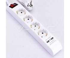 Ilgintuvas 4-vietis V-TAC, 2 usb jungtys, baltos spalvos, šviečiantis įjungimo mygtukas