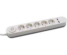 Ilgintuvas 5-vietis V-TAC, 2 usb jungtys, baltos spalvos, šviečiantis įjungimo mygtukas
