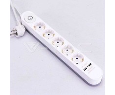 Ilgintuvas 5-vietis V-TAC, 2 usb jungtys, baltos spalvos, šviečiantis įjungimo mygtukas