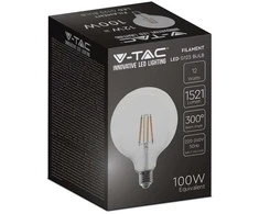 V-tac 12W LED filamentinė lemputė, G125, E27, skaidriu stiklu, 3000K