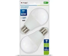 Bikuva.lt 9Wx2vnt/pakuotėje LED lemputės V-TAC, A60, E27, dimeriuojamos per 3 žingsnius, (4000K) natūraliai balta