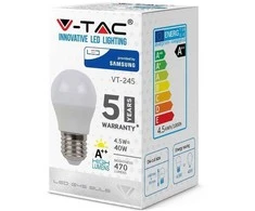 4.5W LED lemputė V-TAC, G45, E27, termoplastikas, A++, 4000K (natūraliai balta), SAMSUNG LED chip