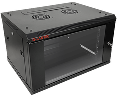19" 6U 600x450 sieninė spintelė (dvigubos sekcijos variantas), vienos lapo stiklinės durys, nuimamas pilnas galinis dangtis, nuimami pilni šoniniai dangčiai, rakinama, 4 sijos, juoda, ALANTEC