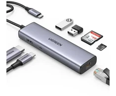 Adapteris Ugreen CM512 90568 USB-C - 2x USB-A 3.0 / HDMI / RJ45 / SD kortelių skaitytuvas i TF / USB-C PD 100W - pilka