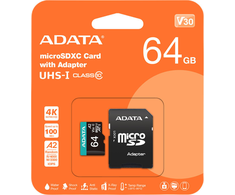 Adata Premier Pro 64 GB UHS1 U3 V30 A2 Micro SD atminties kortelė + adapteris