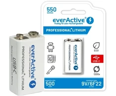 Akumulatorek 6F22 Li-Ion everActive 9V 550mAh su gniazdem USB-C