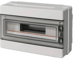 Elettrocanali EC62018E Modulinis skirstomasis skydas 1x18 n/t, be halogenų, transp. durys, IP65, N+PE bėgis, pilka 1000V AC 1500V DC PV UV 290x390x140, EC62018E.