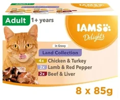 IAMS DELIGHTS Land Collection padažo dėžutėje – šlapias kačių ėdalas – 8 x 85 g