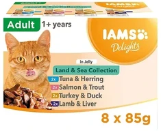 IAMS DELIGHTS „Land &amp; Sea“ kolekcija želė dėžutėje – šlapias kačių ėdalas – 8 x 85 g