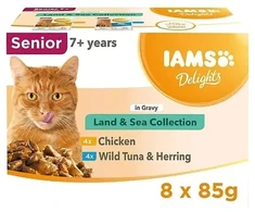 IAMS DELIGHTS Senior Land &amp; Sea Collection dėžutėje – šlapias kačių ėdalas – 8 x 85 g