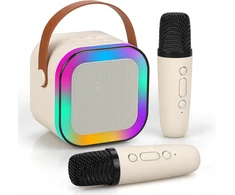 Extralink Kids Mini karaoke LED garsiakalbis 2x Mic rusvai gelsvas | Karaoke rinkinys | garsiakalbis, 2x mikrofonas, Bluetooth, AUX, atminties kortelės lizdas, RGB apšvietimas
