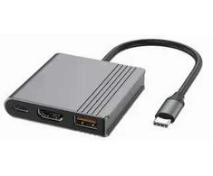 GEMBIRD Kelių funkcijų adapteris USB tipo C 3 in 1 (USB prievadas + HDMI + vaizdo USB-C), pilkos spalvos