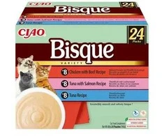 INABA Ciao Bisque Creamy soup with tuna, vištiena, jautiena and lašiša – skanėstas katėms – 24x40g