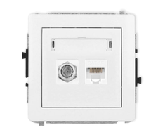 Karlik Elektrotechnik 25DGFK-1 DECO Antenos lizdo mechanizmas vieno F tipo (SAT) + kompiuterio lizdų dangtelis. 1xRJ45, kat. 5e, 8 kontaktų, matinė balta 25DGFK-1