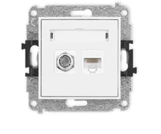 Karlik Elektrotechnik 25MGFK-1 MINI antenos lizdo mechanizmas, vieno F tipo (SAT) + kompiuterio lizdo dangtelis. 1xRJ45, kat. 5e, 8 kontaktų matinės baltos spalvos 25MGFK-1