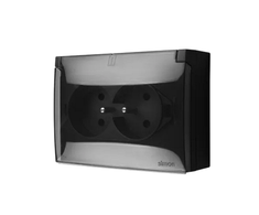 Kontakt Simon ACGZ2Z/49A Simon Aquaclick IP44 lizdas, dvigubas kompaktiškas su įžeminimu, permatomu dangteliu ir bėgelio sklende, juoda srovė ACGZ2Z/49A