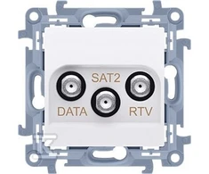 Kontakt-Simon Simon 10 RTV-DATA-SAT terminalo antenos lizdas. 1xWE 52400 MHz 3xOUT /F/ (RTV: 88900 MHz) (DUOMENYS: 5900 MHz) (SAT: 9502400 MHz) balta CADSATF.01/11