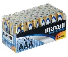 MAXELL šarminės baterijos ALKALINE LR03 AAA FOLIA kartoninis rinkinys, 32 vnt. (8 pakuotės po 4 vnt.)