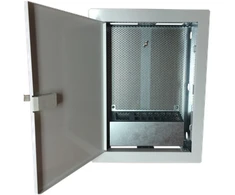 Korpusas/vietinė spintelė, multimedija 350x250x90, įleidžiama, perforuotos durys, 1 x lizdas. elektra, 14x lizdai Keystone ALANTEC