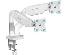 ONKRON G-160-W Pasukamas ir pakreipiamas stalo laikiklis dviem 13-32 colių monitoriams, maks. 8kg, su sukimosi funkcija, baltas