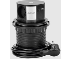Orno Lizdas Baldinis lizdas Ø10cm, ištraukiamas iš stalo su indukciniu įkrovikliu, USB įkrovikliu ir 1,5m laidu, 3x2P+Z, Qi 1.2.4 maks. 10W, USB A+C QC 3.0