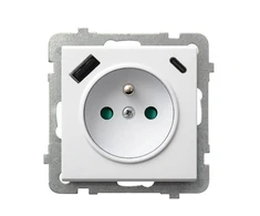Ospel GP-1RZPUSBAC/m/00 SONATA Viengubas lizdas su įžeminimu ir srovės kelio skląsčiais, su USB A+C įkrovikliu, baltas GP-1RZPUSBAC/m/00