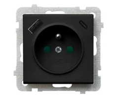 Ospel GP-1RZPUSBAC/m/33 SONATA Viengubas lizdas su įžeminimu ir srovės kelio skląsčiais, su USB A+C įkrovikliu, juodos metalinės spalvos GP-1RZPUSBAC/m/33