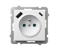Ospel GP-1RZPUSBAC/m/75 SONATA Viengubas lizdas su įžeminimu ir srovės kelio sklendėmis, su USB įkrovikliu A+C, baltas matinis GP-1RZPUSBAC/m/75