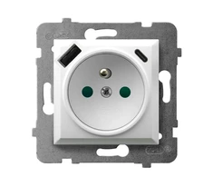 Ospel GP-1UZPUSBAC/m/18 ARIA Viengubas lizdas su įžeminimu ir srovės kelio skląsčiais, su USB A+C įkrovikliu, sidabrinis GP-1UZPUSBAC/m/18